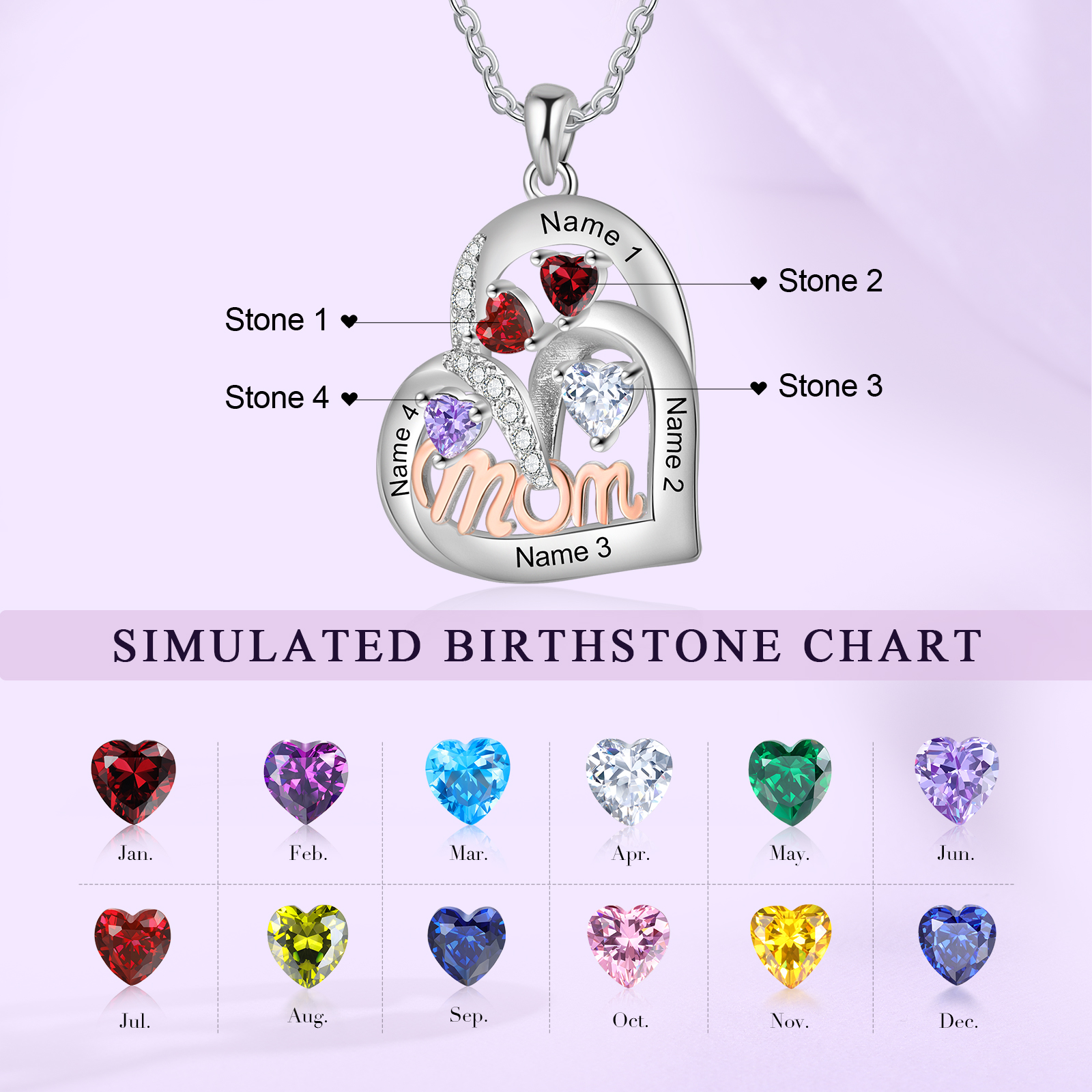 Personalized Mother’s Necklace – Custom Heart Pendant with 4 Birthstones & 4 Names – Unique Gift for Moms & Grandmas