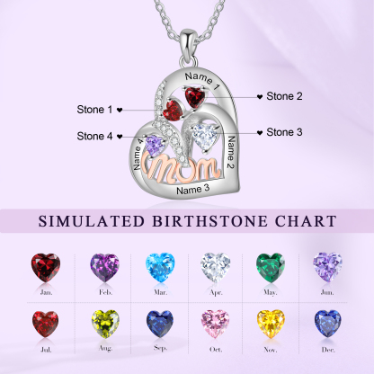 Personalized Mother’s Necklace – Custom Heart Pendant with 4 Birthstones & 4 Names – Unique Gift for Moms & Grandmas