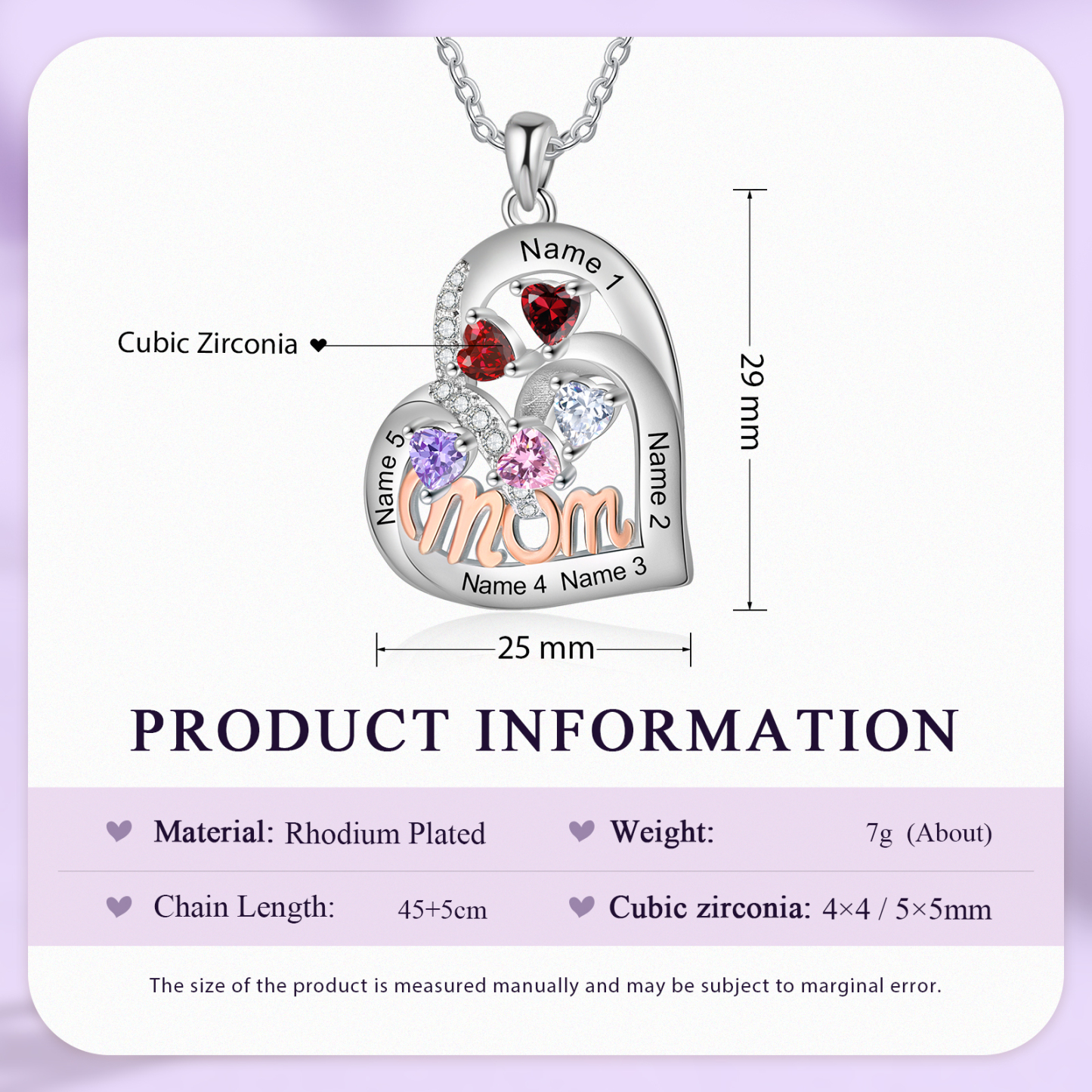 Personalized Mother’s Necklace – Custom Heart Pendant with 5 Birthstones & 5 Names – Unique Gift for Moms & Grandmas