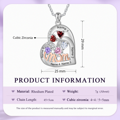 Personalized Mother’s Necklace – Custom Heart Pendant with 5 Birthstones & 5 Names – Unique Gift for Moms & Grandmas
