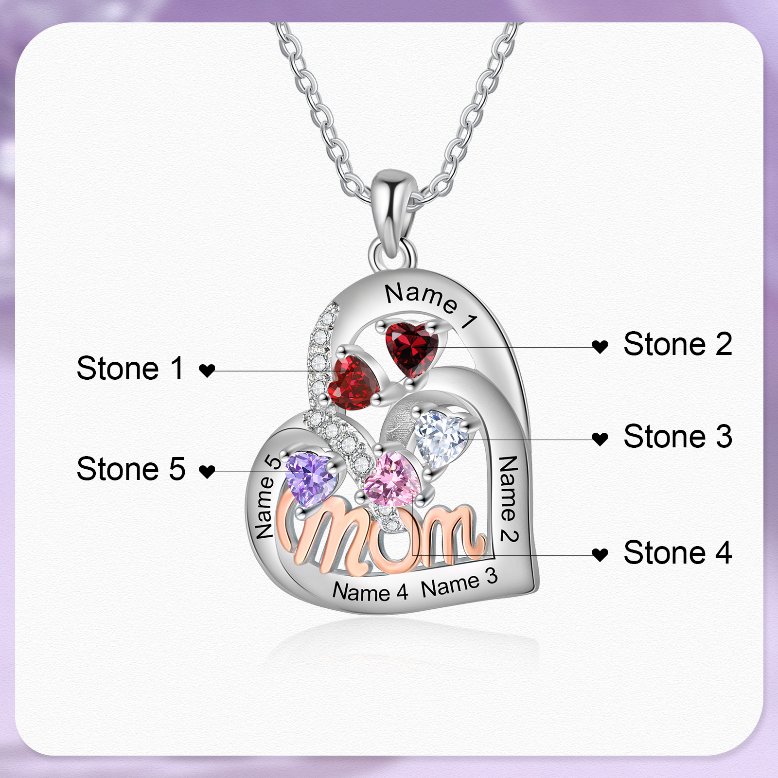 Personalized Mother’s Necklace – Custom Heart Pendant with 5 Birthstones & 5 Names – Unique Gift for Moms & Grandmas