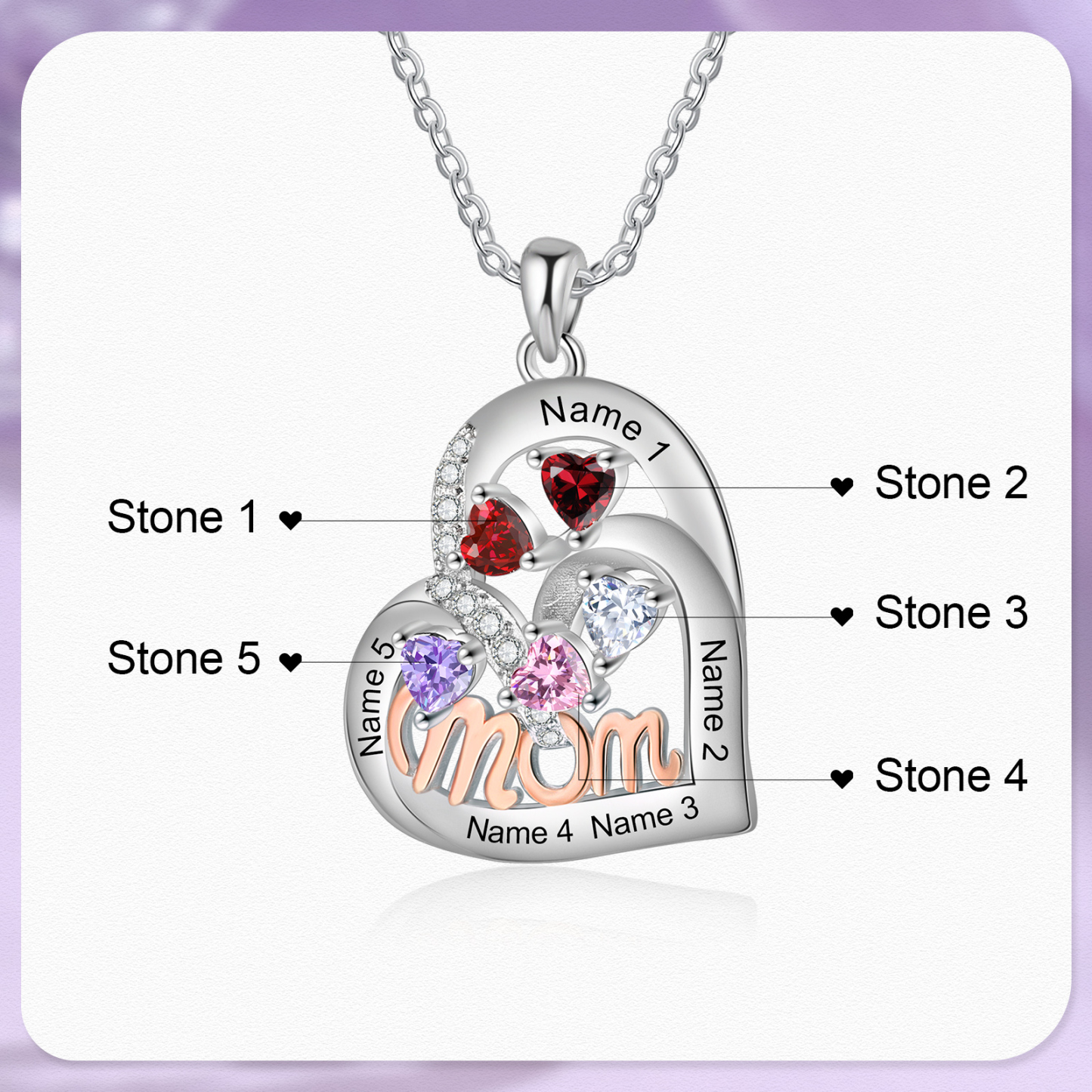 Personalized Mother’s Necklace – Custom Heart Pendant with 5 Birthstones & 5 Names – Unique Gift for Moms & Grandmas