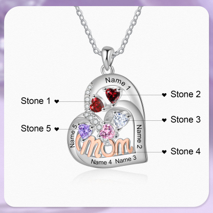 Personalized Mother’s Necklace – Custom Heart Pendant with 5 Birthstones & 5 Names – Unique Gift for Moms & Grandmas