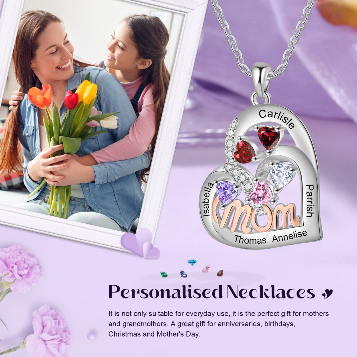 Personalized Mother’s Necklace – Custom Heart Pendant with 5 Birthstones & 5 Names – Unique Gift for Moms & Grandmas