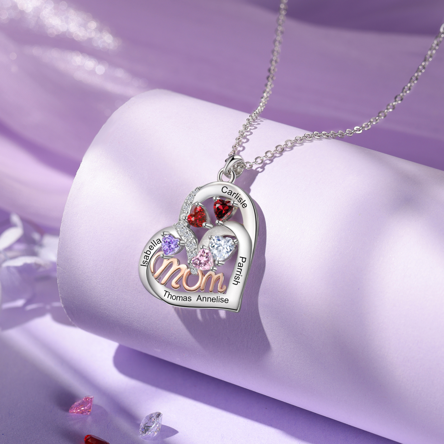 Personalized Mother’s Necklace – Custom Heart Pendant with 5 Birthstones & 5 Names – Unique Gift for Moms & Grandmas