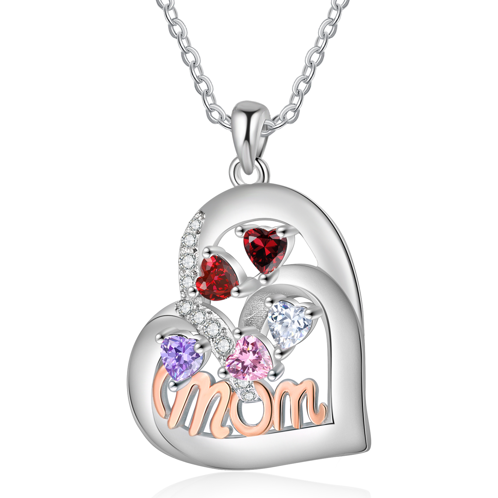 Personalized Mother’s Necklace – Custom Heart Pendant with 5 Birthstones & 5 Names – Unique Gift for Moms & Grandmas