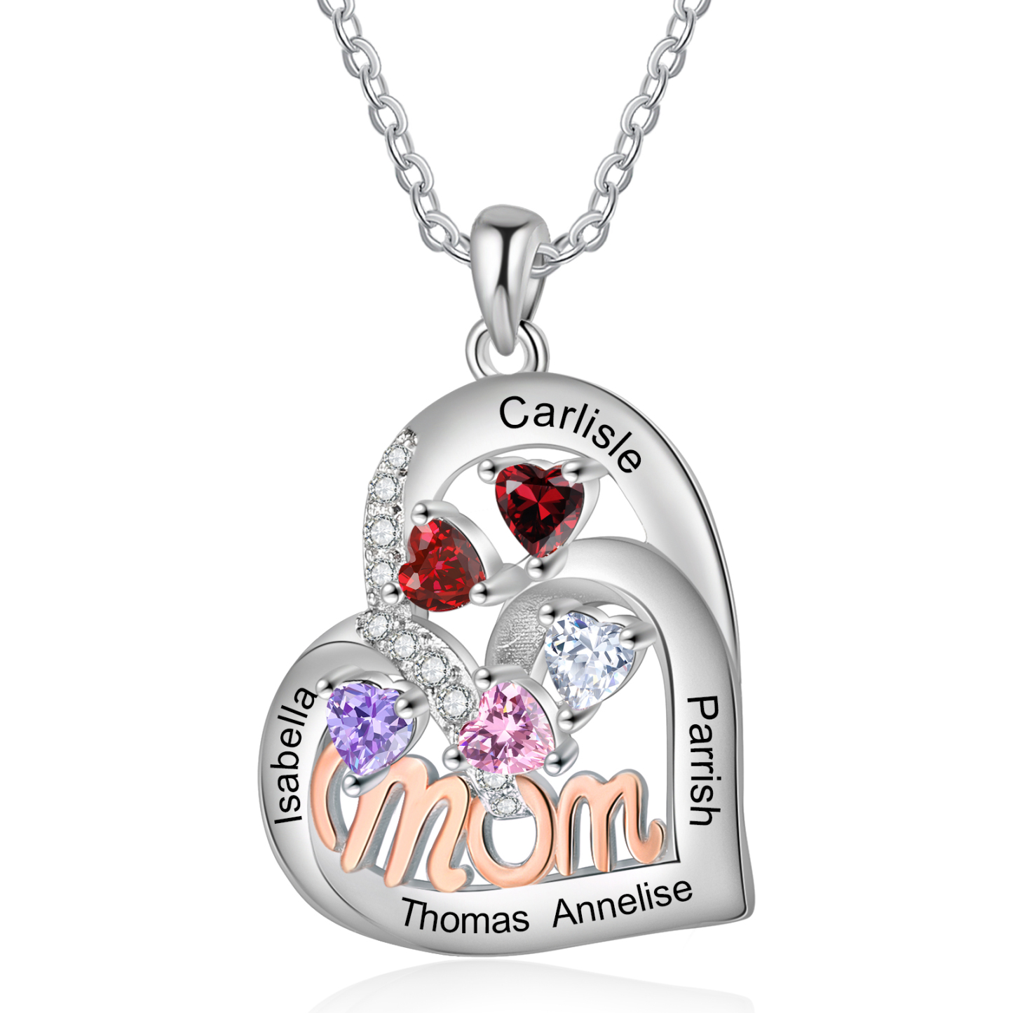 Personalized Mother’s Necklace – Custom Heart Pendant with 5 Birthstones & 5 Names – Unique Gift for Moms & Grandmas