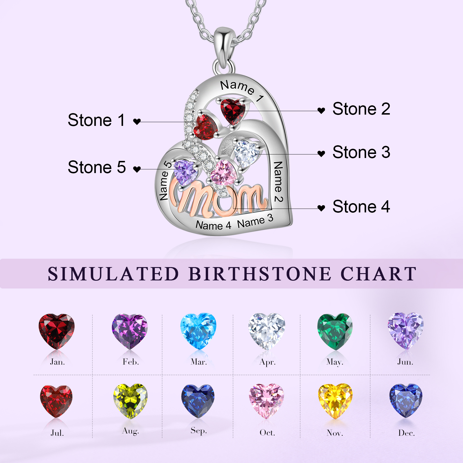 Personalized Mother’s Necklace – Custom Heart Pendant with 5 Birthstones & 5 Names – Unique Gift for Moms & Grandmas
