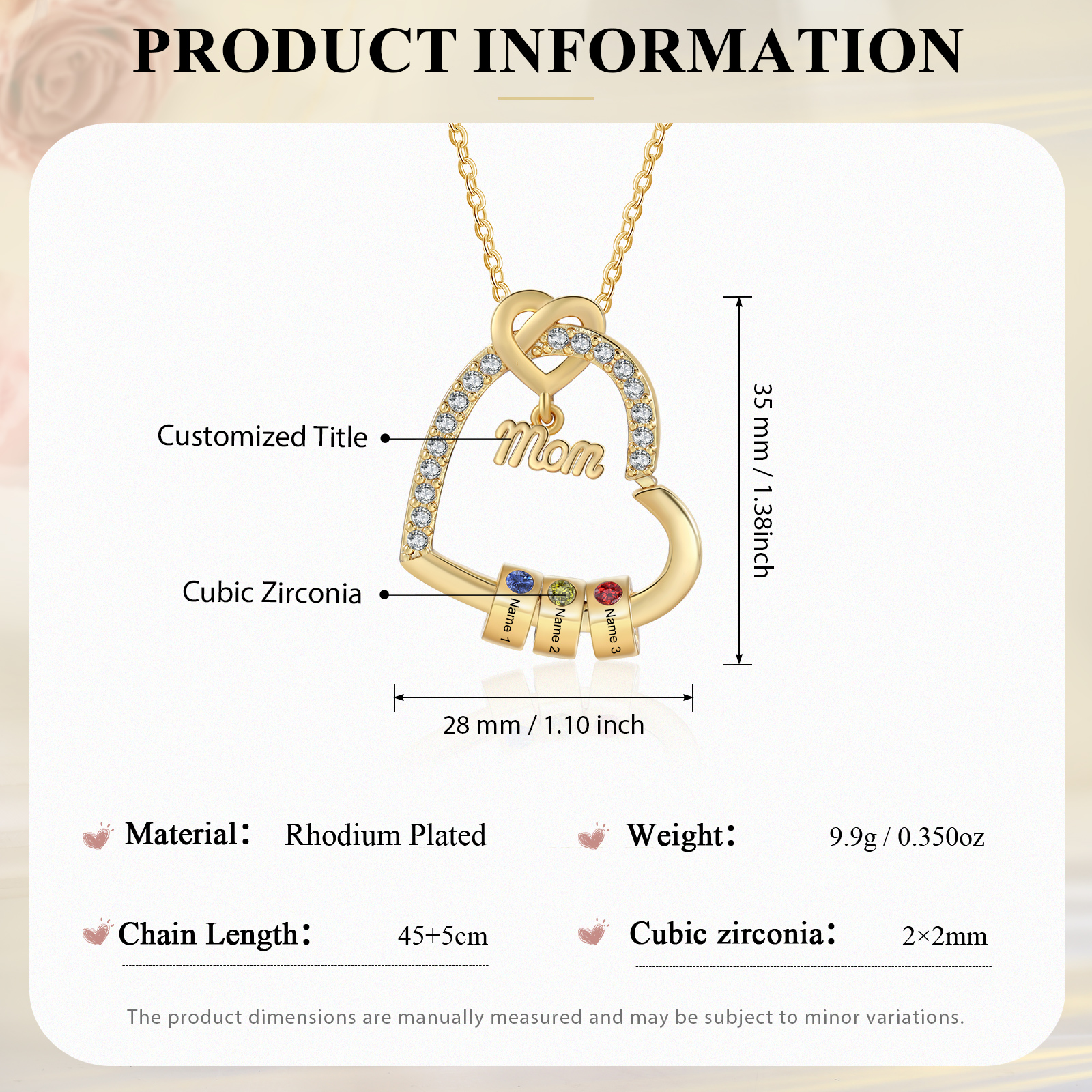 3 Names & Birthstone - Personalized Mother’s Day Necklace with Name, Title & Birthstone - Heart Pendant for Mom, Grandma - Mother's Day