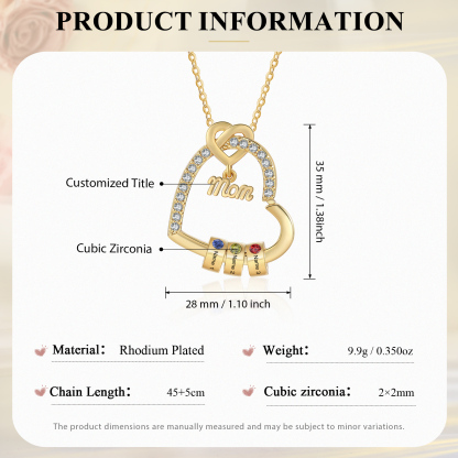 3 Names & Birthstone - Personalized Mother’s Day Necklace with Name, Title & Birthstone - Heart Pendant for Mom, Grandma - Mother's Day