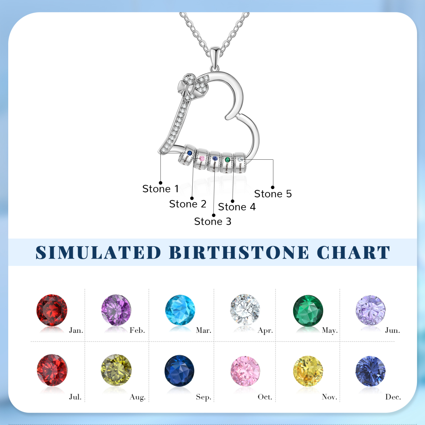 5 Names & 5 Birthstones - Personalized Heart Birthstone Necklace - Custom Necklace Gift for Mom - Mother's Day | Jessemade