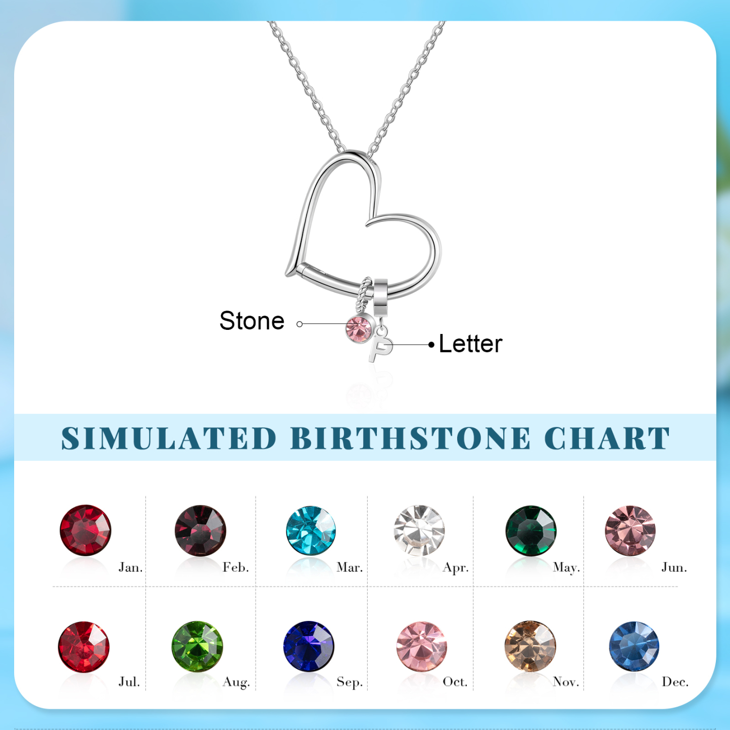 Personalized Women’s Necklace - Minimalist Heart Pendant Gift With Initial & Birthstone | Jessemade