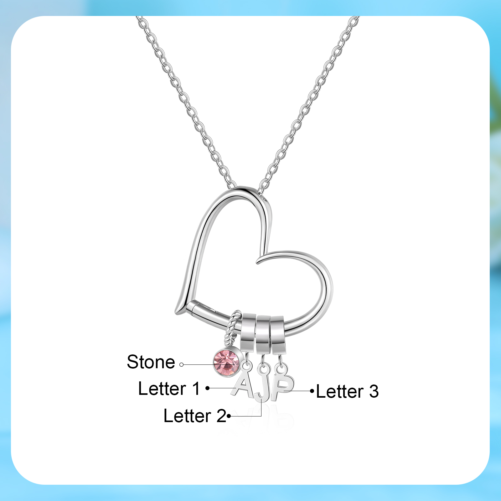 3 Letters - Personalized Women’s Necklace - Minimalist Heart Pendant Gift With Initial & Birthstone | Jessemade