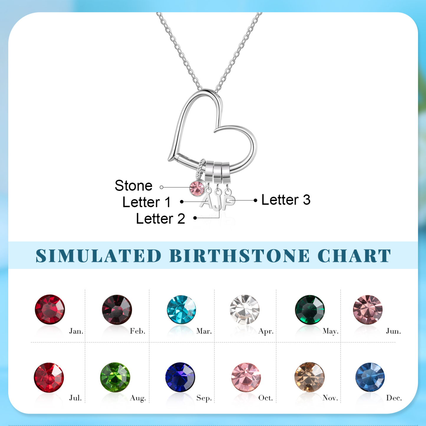 3 Letters - Personalized Women’s Necklace - Minimalist Heart Pendant Gift With Initial & Birthstone | Jessemade