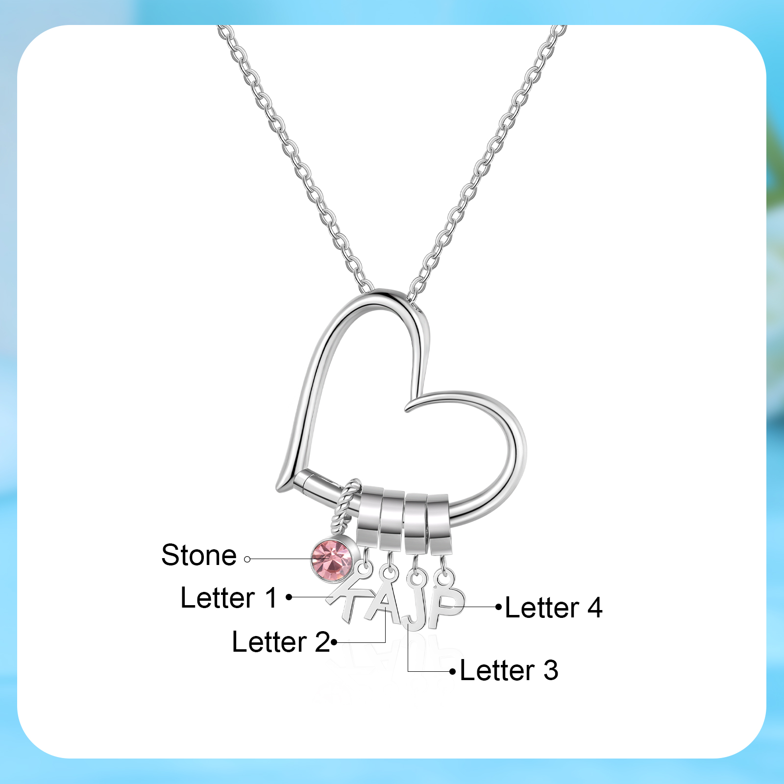 4 Letters - Personalized Women’s Necklace - Minimalist Heart Pendant Gift With Initial & Birthstone | Jessemade