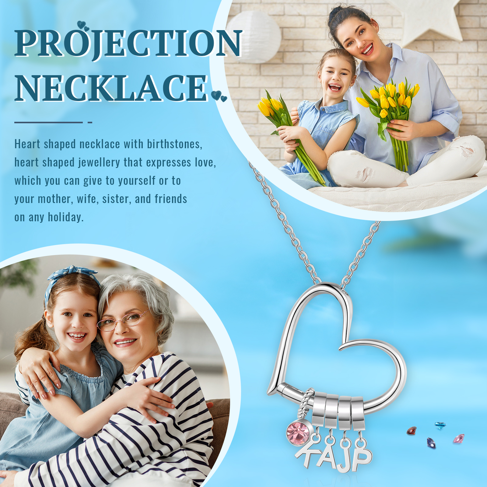 4 Letters - Personalized Women’s Necklace - Minimalist Heart Pendant Gift With Initial & Birthstone | Jessemade