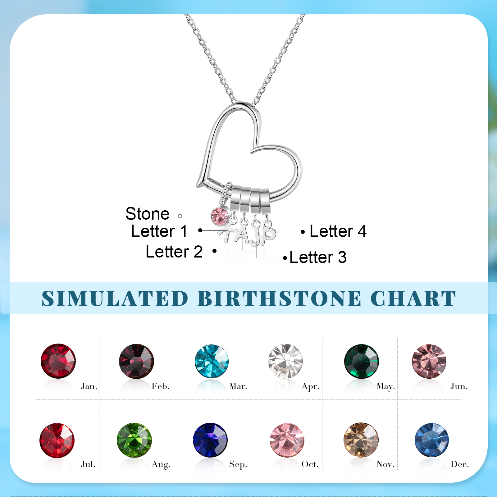 4 Letters - Personalized Women’s Necklace - Minimalist Heart Pendant Gift With Initial & Birthstone | Jessemade