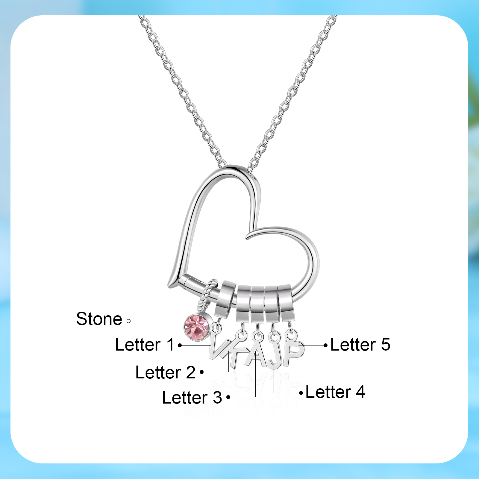 5 Letters - Personalized Women’s Necklace - Minimalist Heart Pendant Gift With Initial & Birthstone | Jessemade