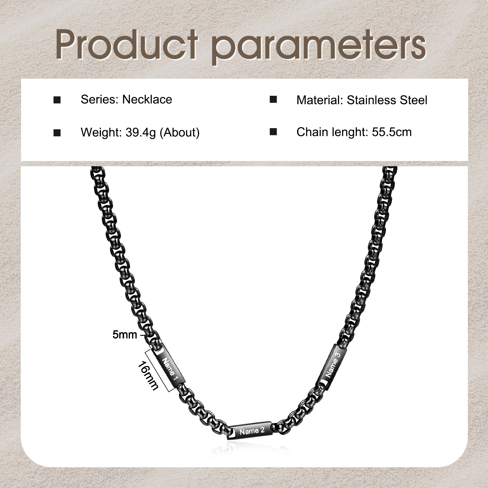 3 names - Personalized Engraved Bar necklace – Unique Name Bar Stainless Steel Chain for Dad
