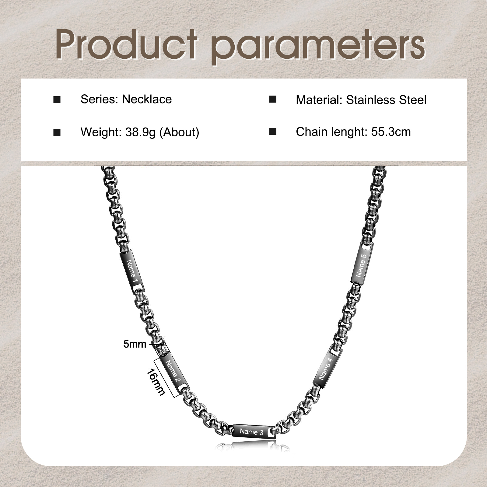 5 names - Personalized Engraved Bar necklace – Unique Name Bar Stainless Steel Chain for Dad