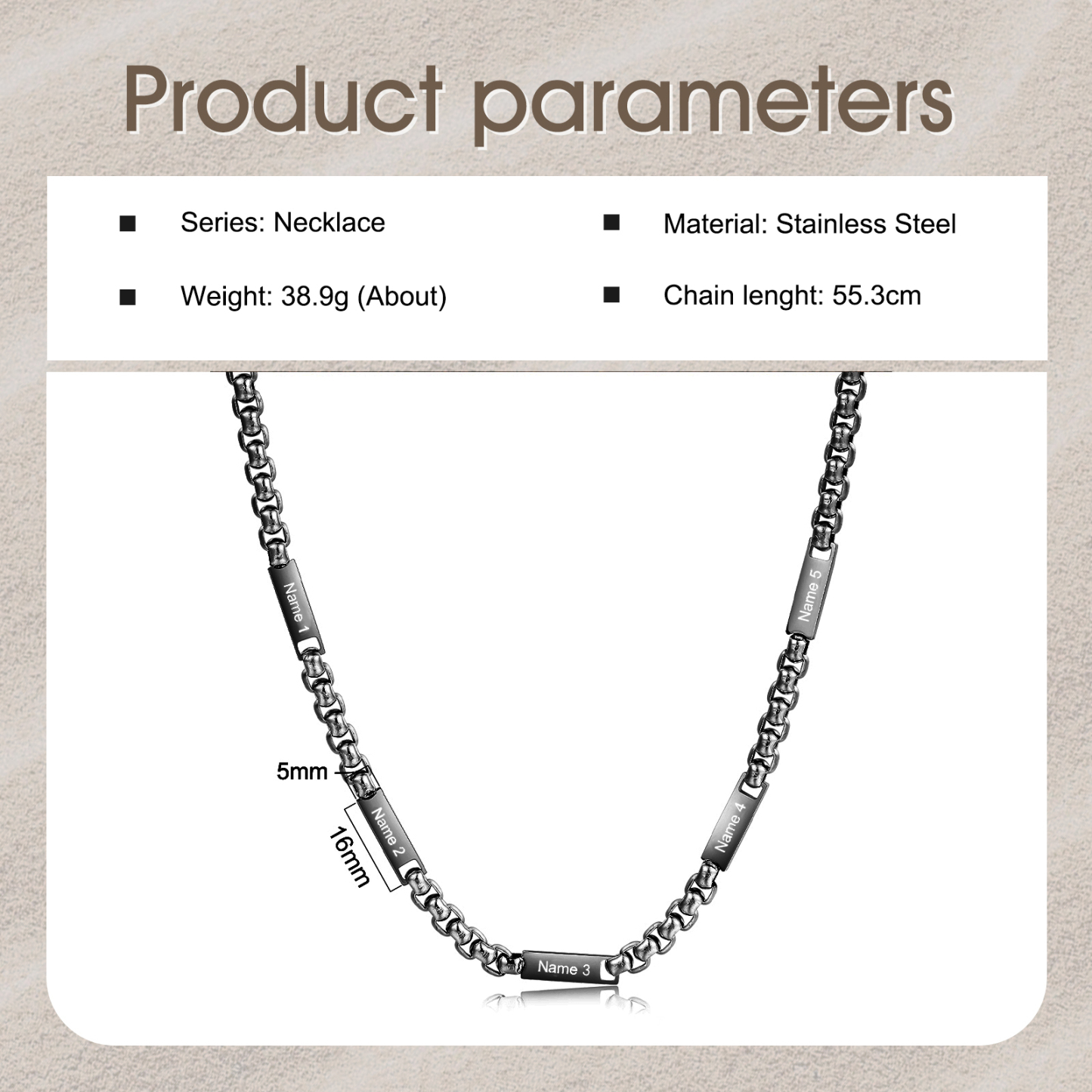 5 names - Personalized Engraved Bar necklace – Unique Name Bar Stainless Steel Chain for Dad