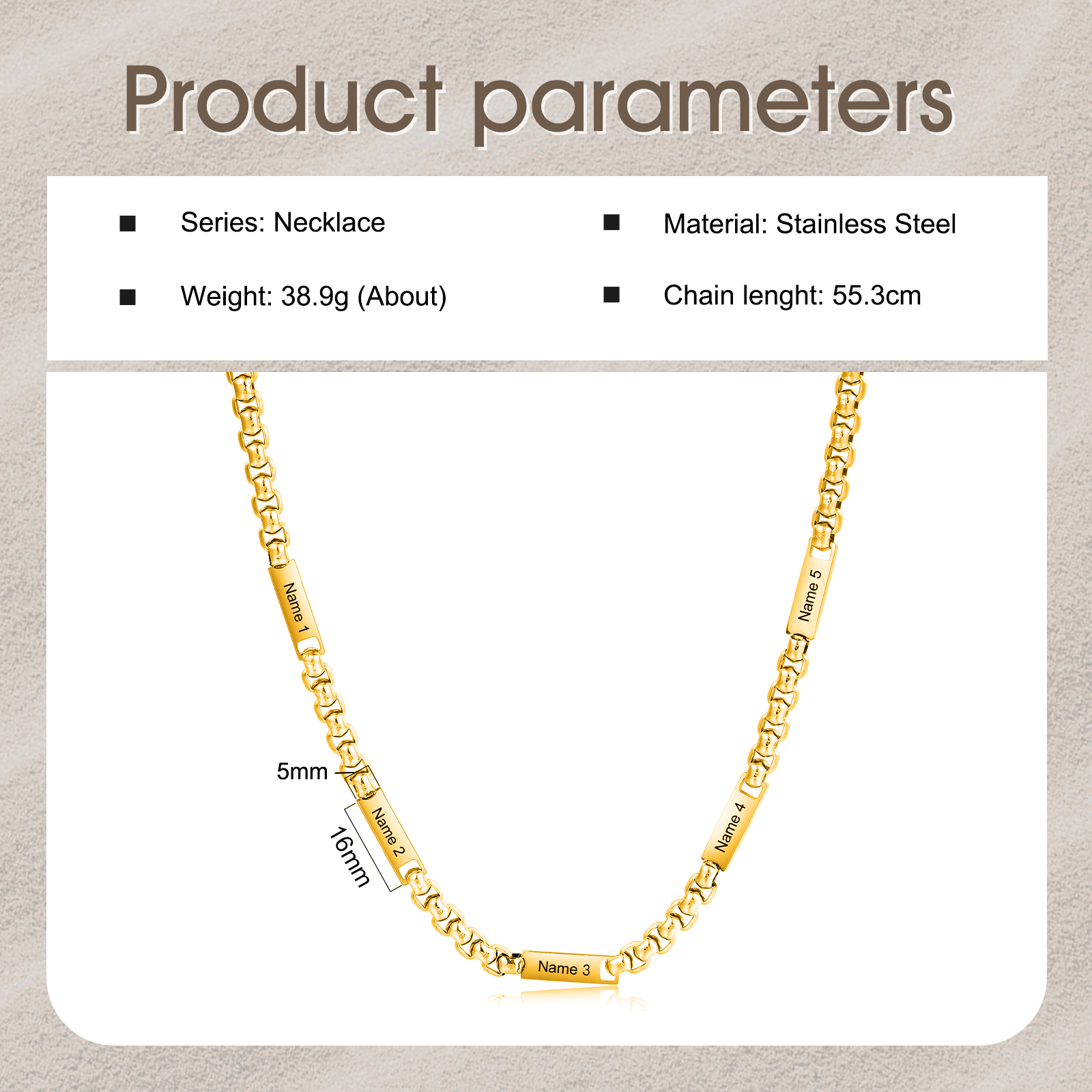 5 names - Personalized Engraved Bar necklace – Unique Name Bar Stainless Steel Chain for Dad