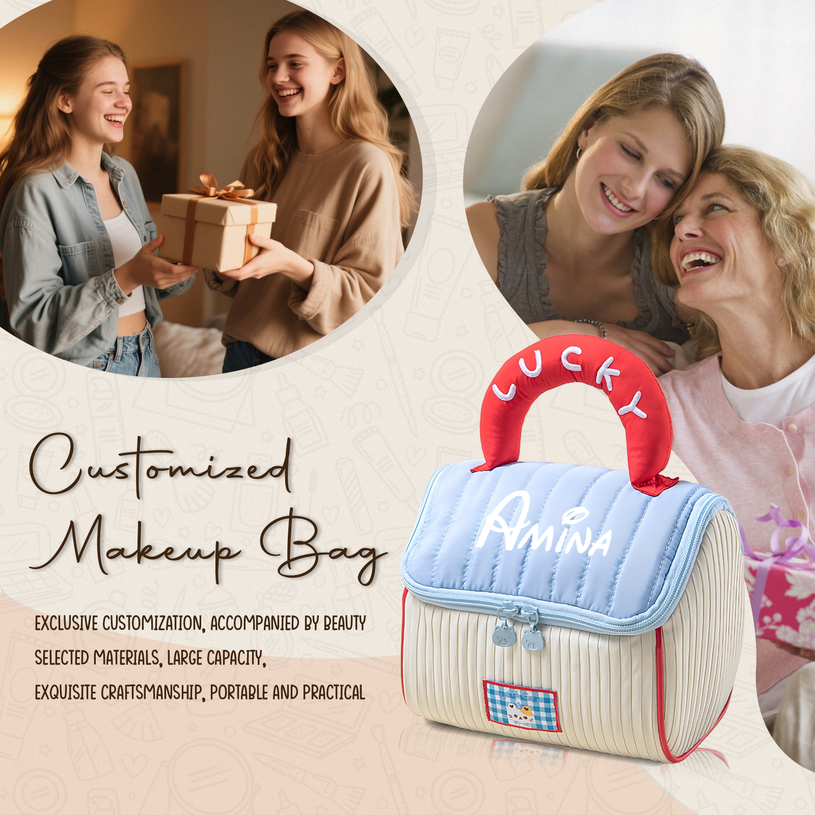 Personalized Custom Name Makeup Bag with Signature Handle