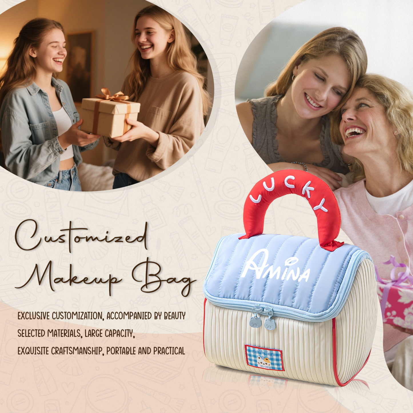 Personalized Custom Name Makeup Bag with Signature Handle