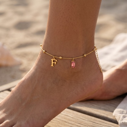 Personalized Initial Rectangle Birthstone Anklet Custom 1 Letter 1 Birthstone Birthday Anniversary Gift for Sister Daughter Friend | Jessemade