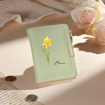 Personalized Women’s Leather Wallet Custom With Name And Birth Flower