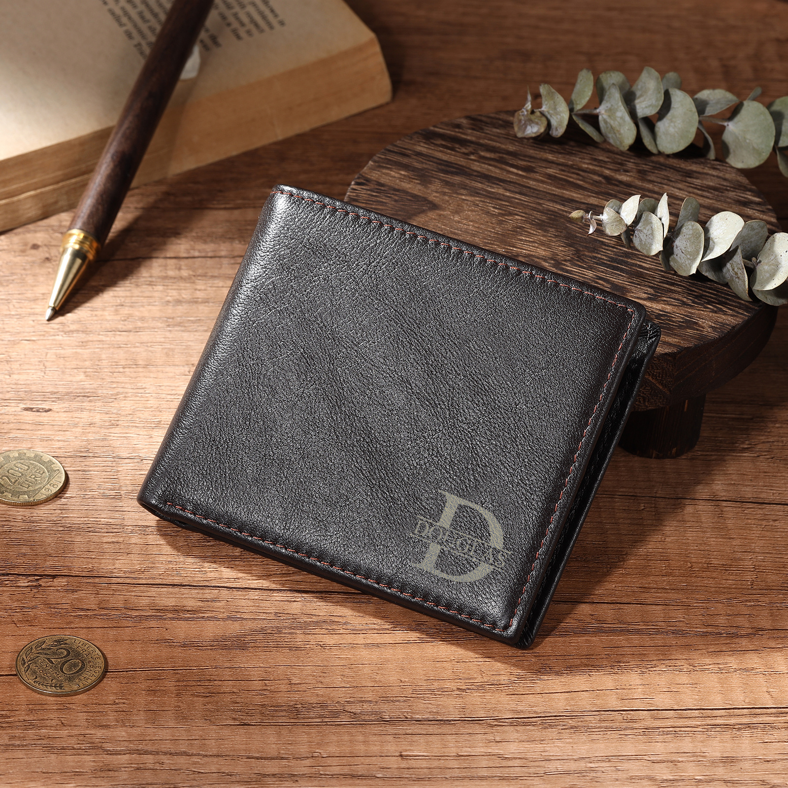 Personalized Leather RFID Bifold Wallet for Men with ID Window and Initial or Name Engraved
