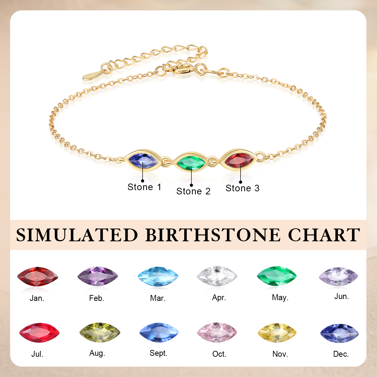 925 Sterling Silver Personalized Birthstones Bracelet Custom with 2–5 Marquise-Cut Stones