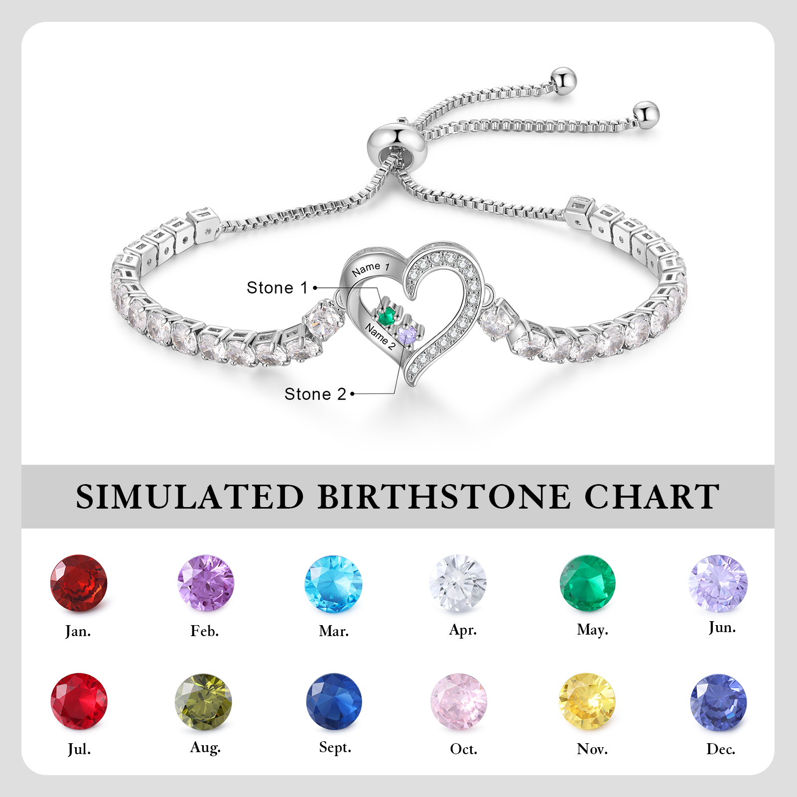 Personalized Heart Bracelet with 2-4 Names & CZ Birthstones – Custom Rhodium Plated Gift for Her | Jessemade