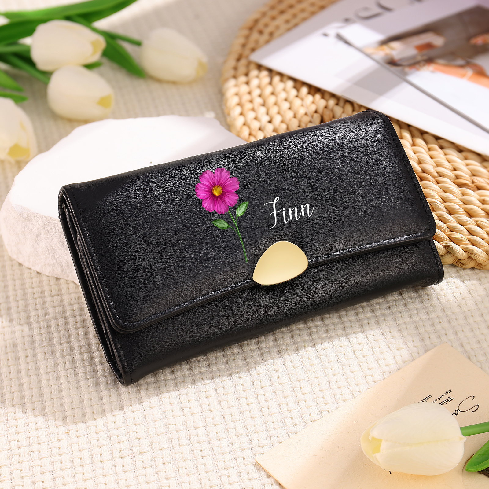 Personalized Long Women Leather Wallet Custom with Birth Flower and Name