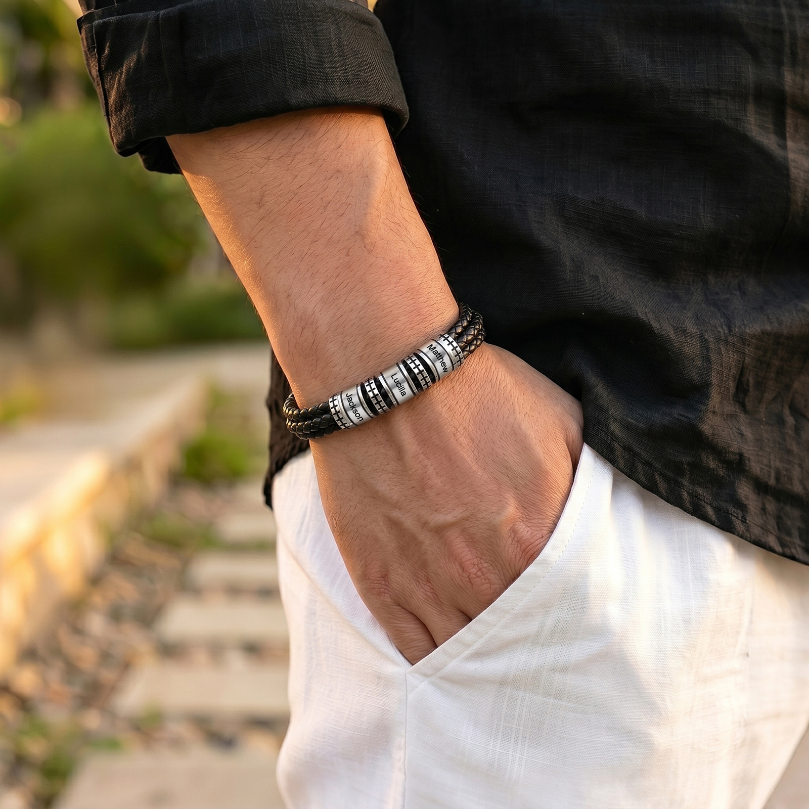 Personalized Men’s Braided Leather Bracelet Engraved Beads with 1 to 6 Names