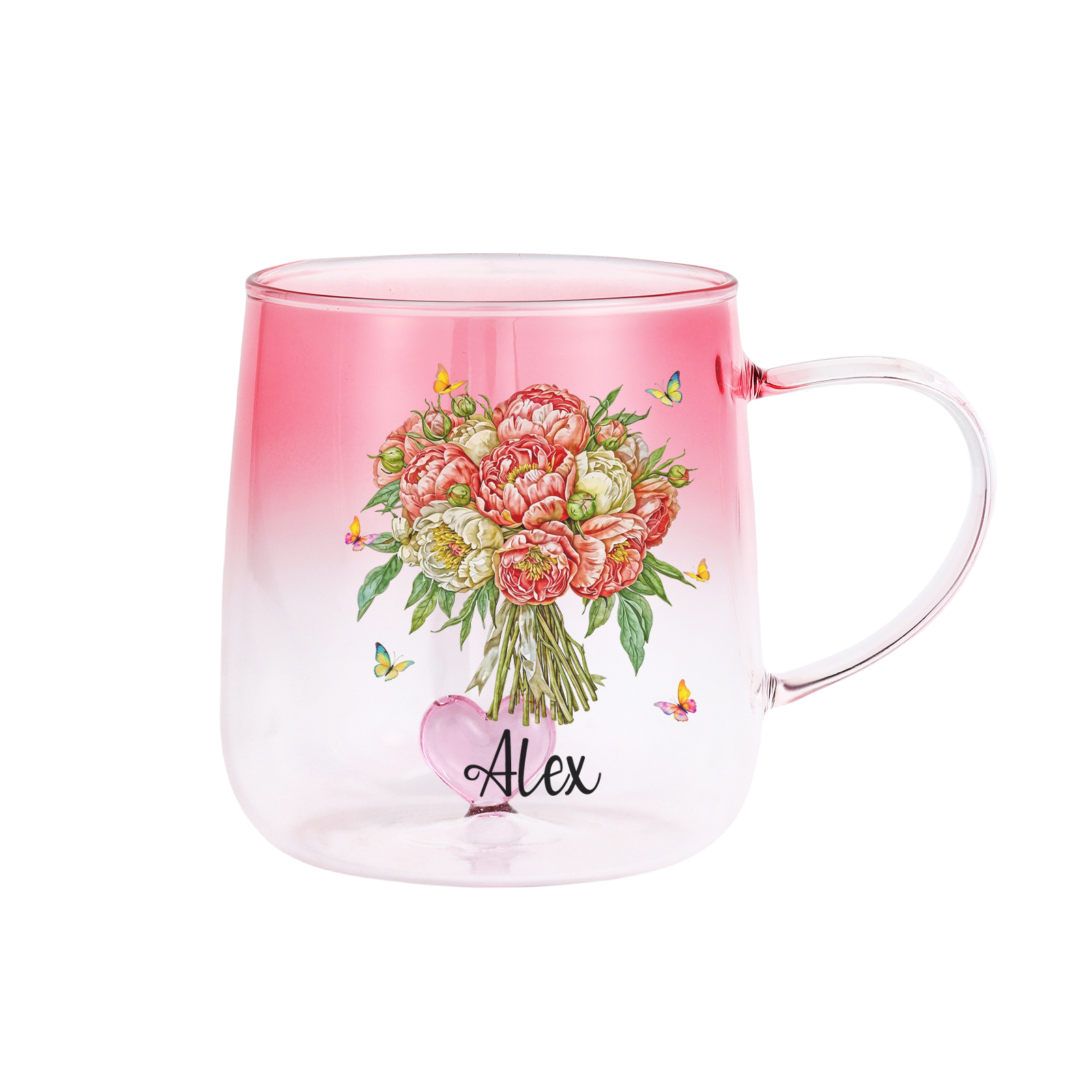 Custom Name Birth Flower Ombre Pink Glass Mug