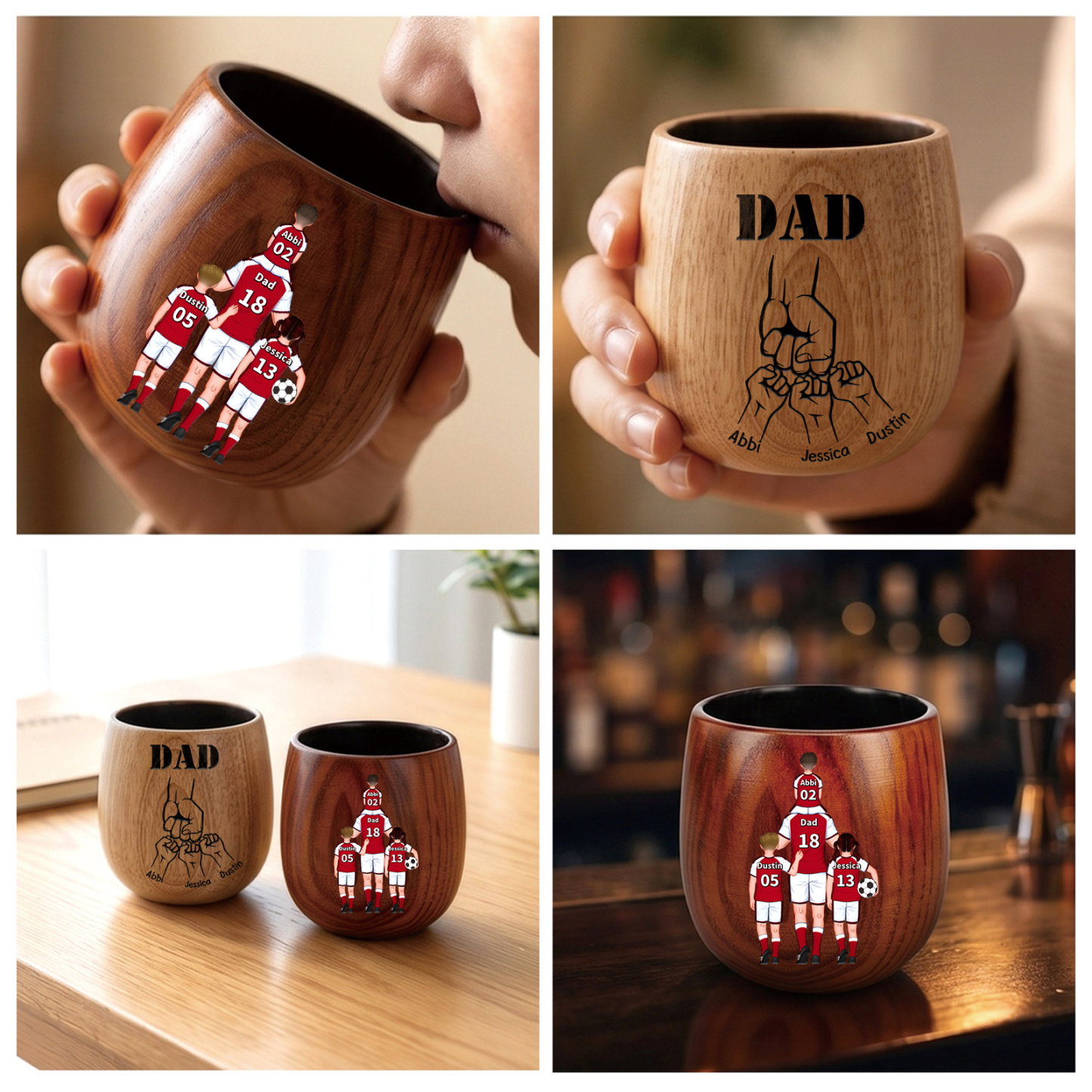 Personalized Wooden Whiskey Tumbler Cup for Dad Customized with 1–5 Kids Names Football Family