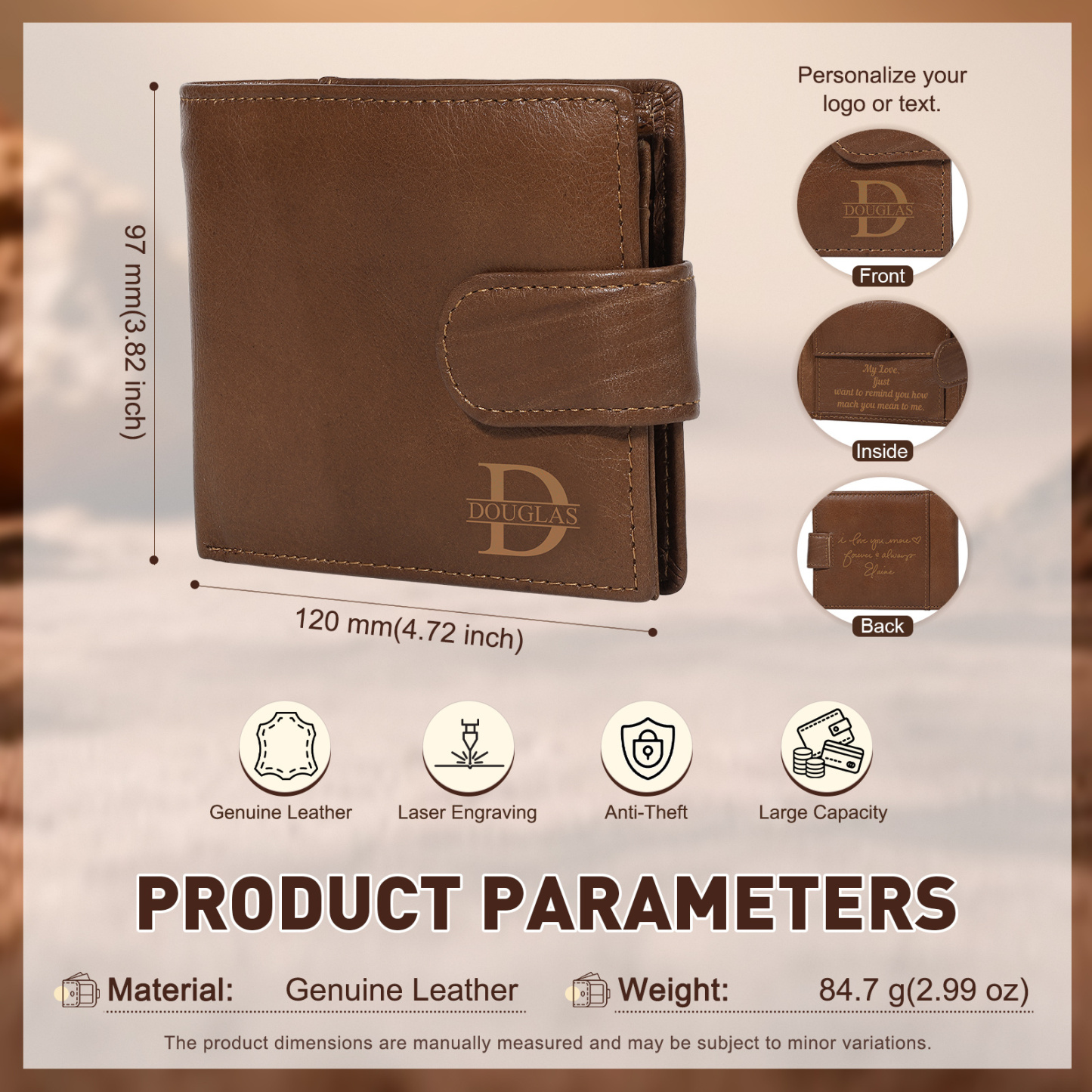 Personalized Leather RFID Blocking Bifold Wallet for Men with Snap Closure Name or Initials Engraved