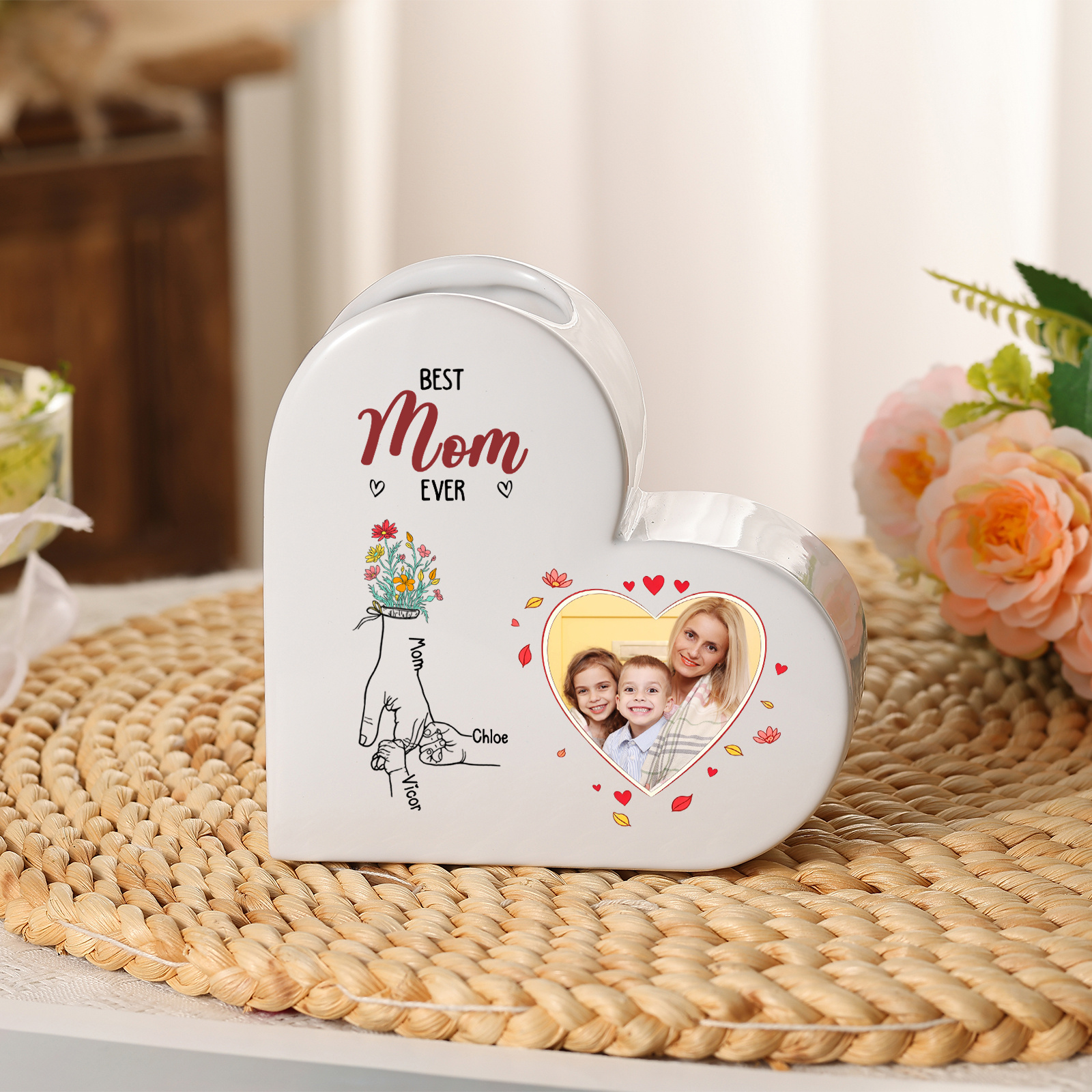 Personalized Heart Shaped Ceramic Vase Custom With 1-6 Names And Photo Gift For Mom Or Grandma