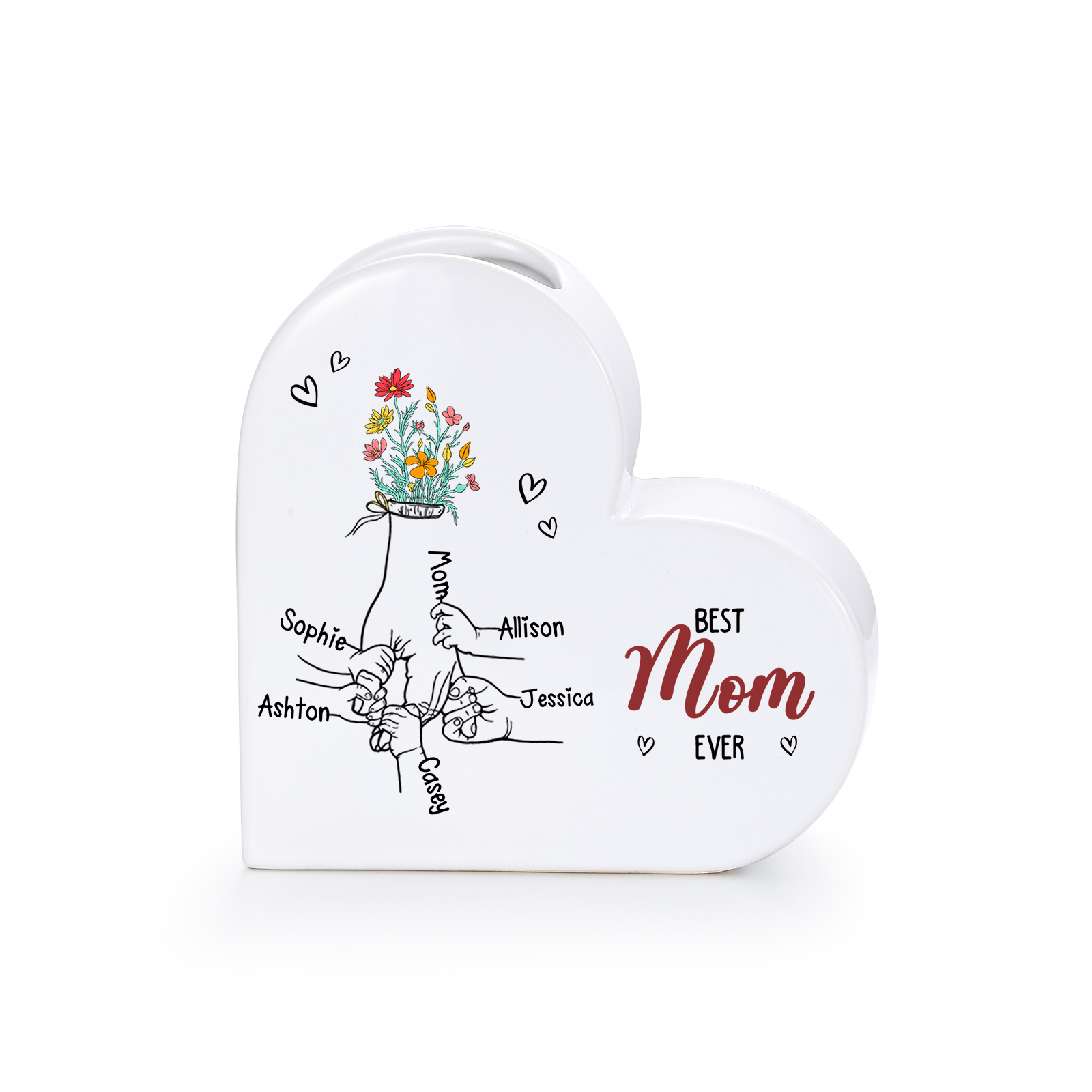 Personalized Heart Flower Vase “Best Mom/Grandma Ever” Custom 2–7 Names Ceramic Vase