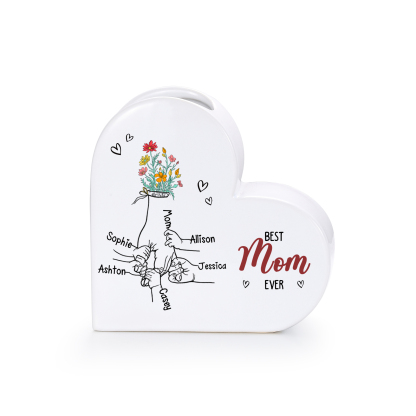 Personalized Heart Flower Vase “Best Mom/Grandma Ever” Custom 2–7 Names Ceramic Vase