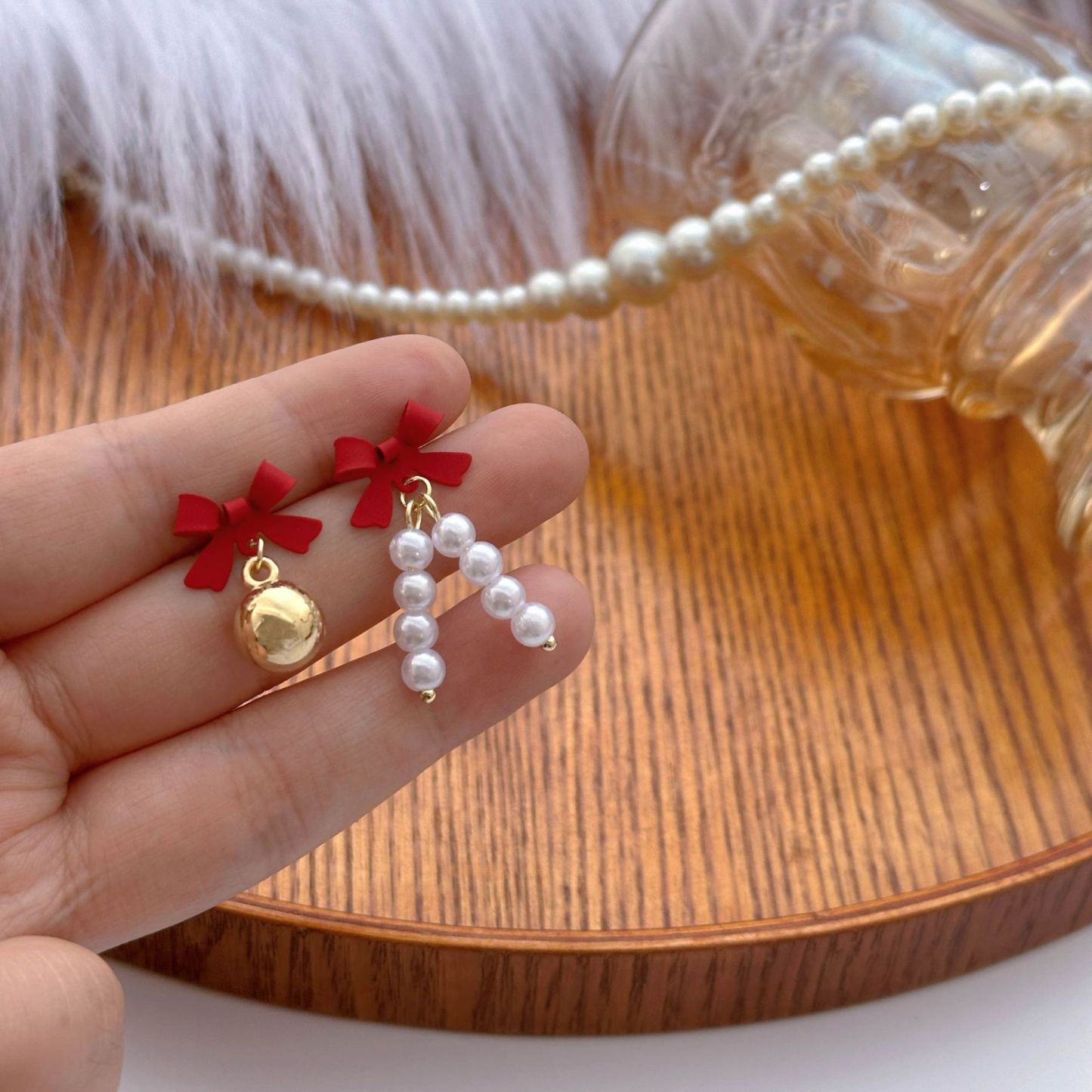 Festive Bow and Pearl Earrings Family Christmas Gift Holiday Jewelry