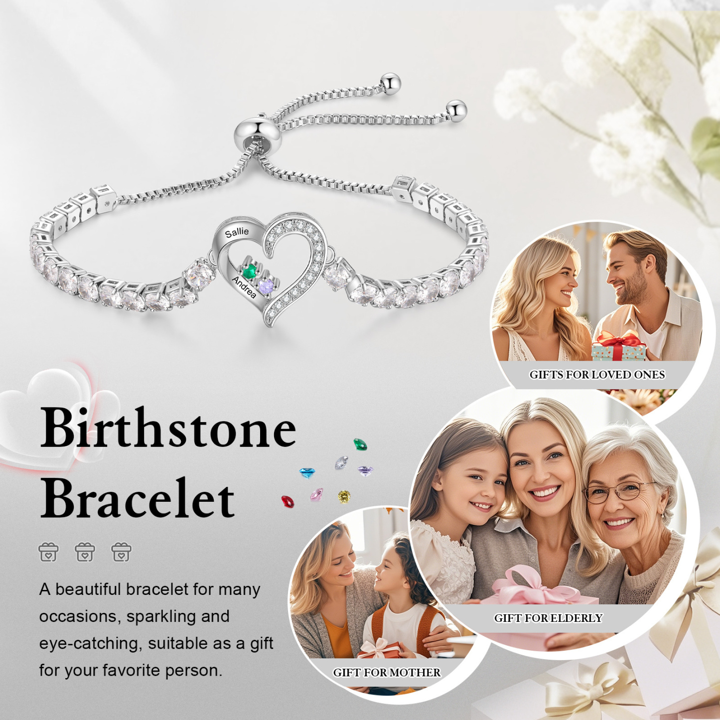 Personalized Heart Bracelet with 2-4 Names & CZ Birthstones – Custom Rhodium Plated Gift for Her | Jessemade