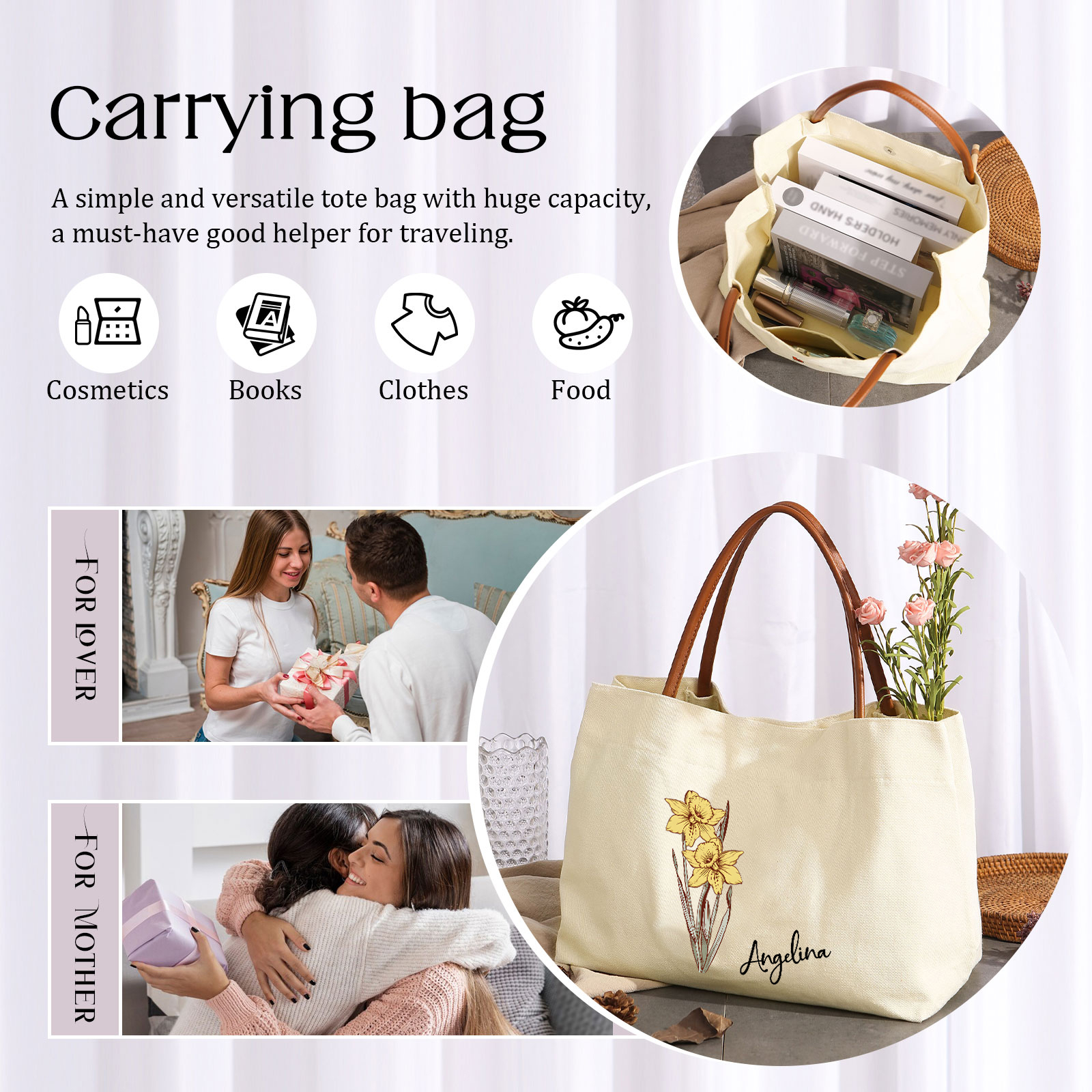 Personalized Tote Bag Custom Name & Birth Flower Stylish Gift for Her | Jessemade