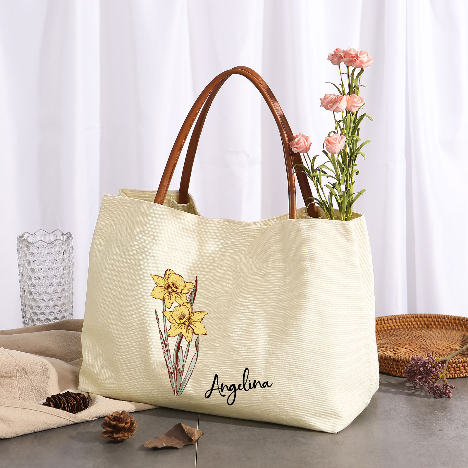 Personalized Tote Bag Custom Name & Birth Flower Stylish Gift for Her | Jessemade