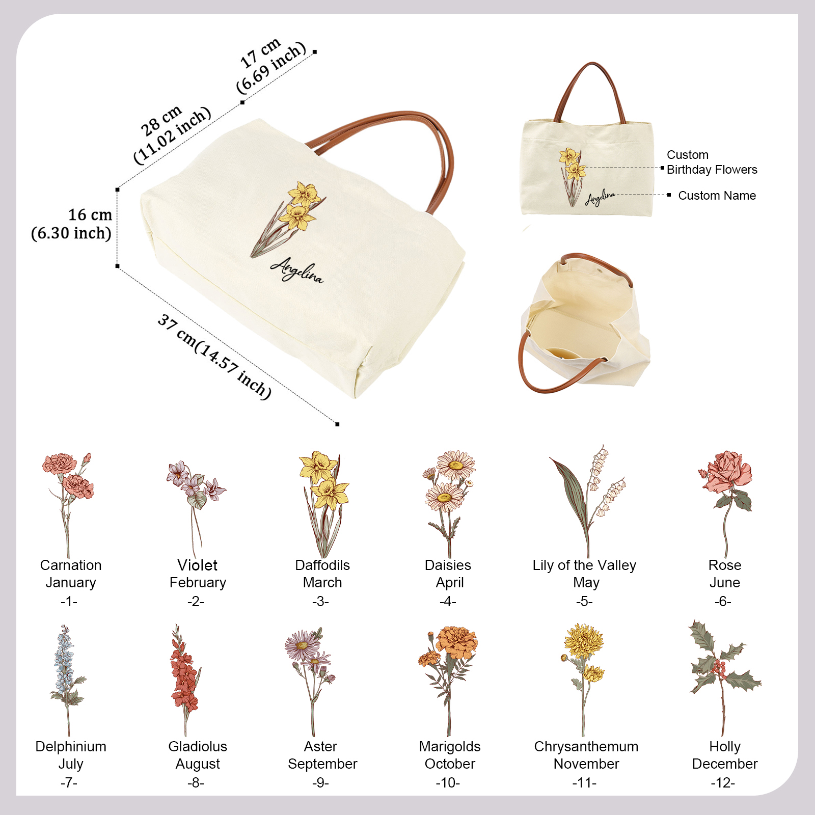 Personalized Tote Bag Custom Name & Birth Flower Stylish Gift for Her | Jessemade