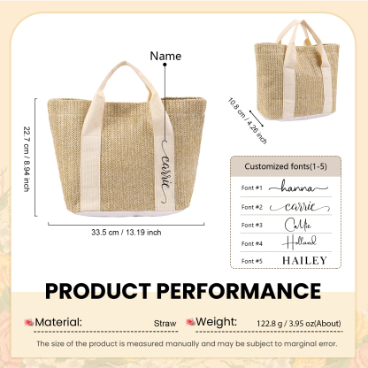 Personalized Straw Tote Bag with Custom Name – Choose from 5 Fonts & 3 Colors – Custom Gift for Mom, Teacher, Friends