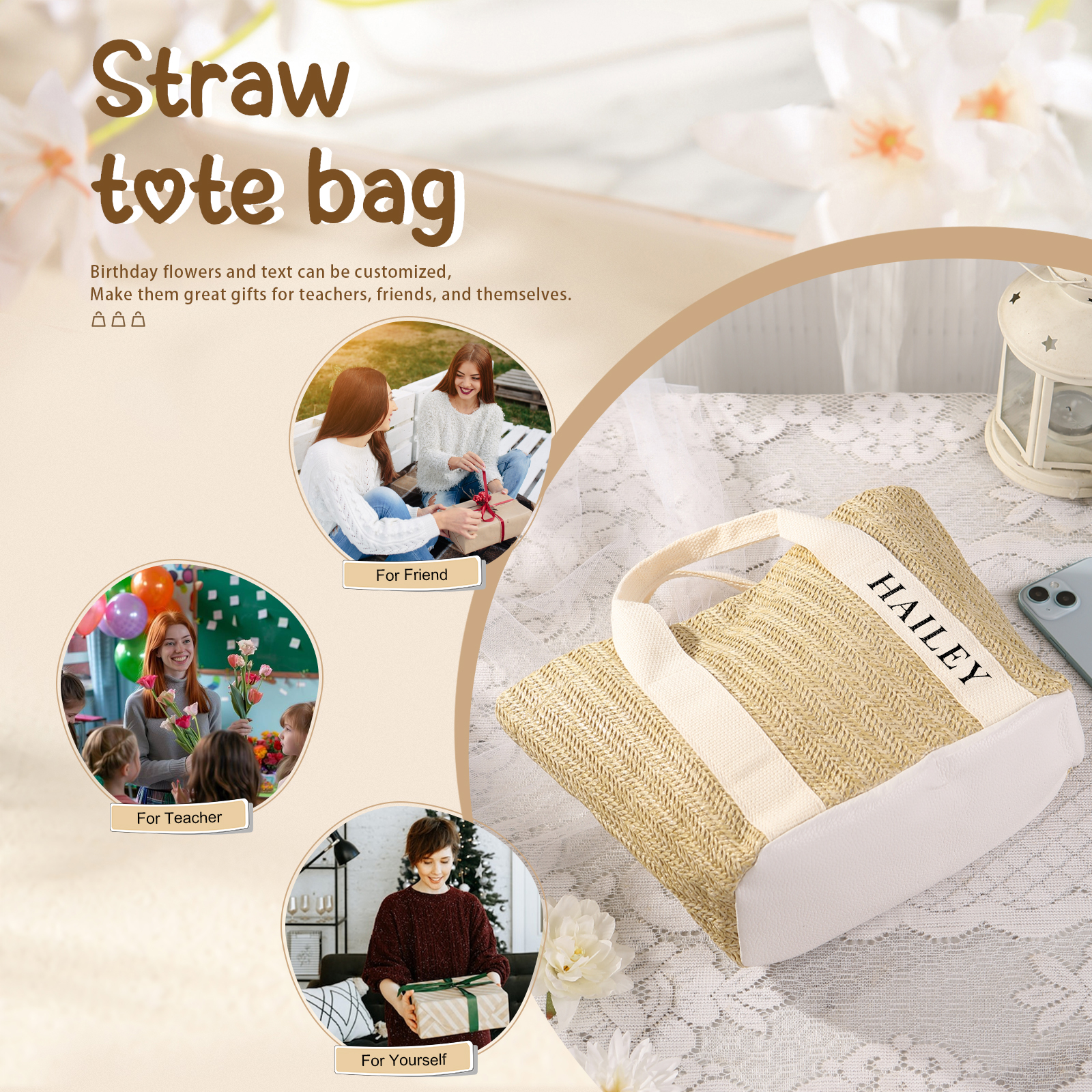 Personalized Straw Tote Bag with Custom Name – Choose from 5 Fonts & 3 Colors – Custom Gift for Mom, Teacher, Friends