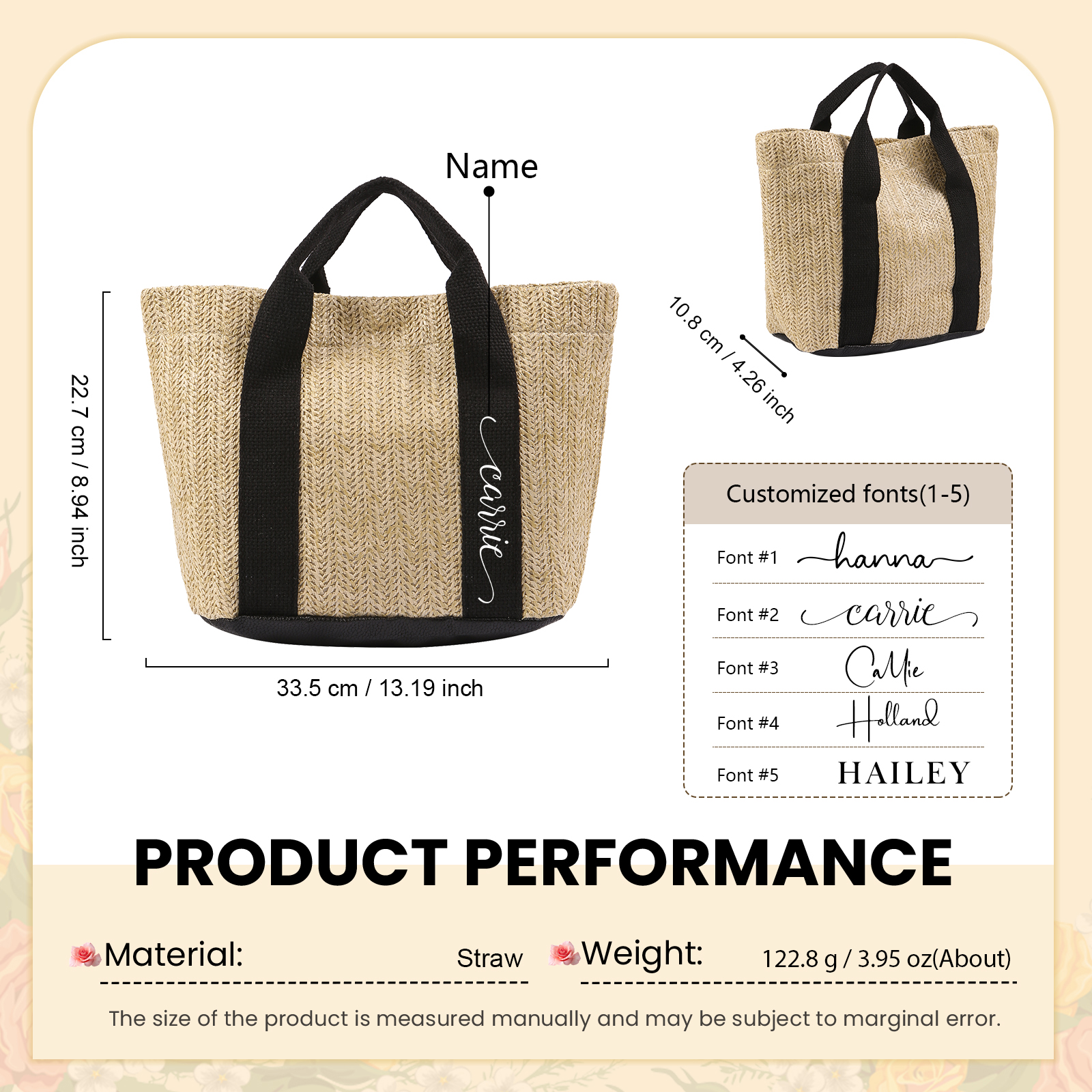 Personalized Straw Tote Bag with Custom Name – Choose from 5 Fonts & 3 Colors – Custom Gift for Mom, Teacher, Friends