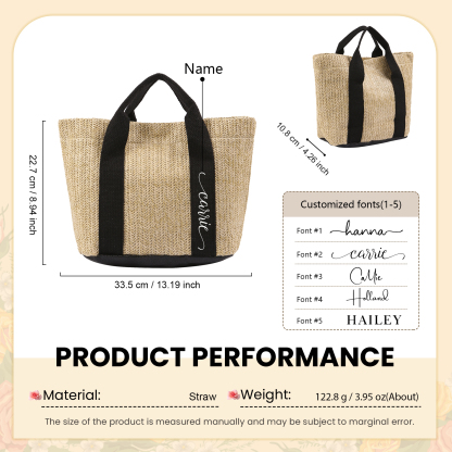 Personalized Straw Tote Bag with Custom Name – Choose from 5 Fonts & 3 Colors – Custom Gift for Mom, Teacher, Friends
